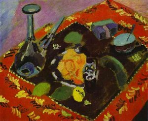 Plats Et Fruits Sur Un Tapis Rouge Et Noir — Henri Matisse