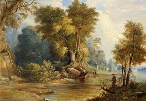 River Scene With Anglers, The Leadon, Gloucestershire — Edward Smith