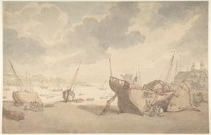 Harbor Scene With Tide Out; Beached Boats — Thomas Rowlandson