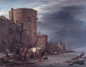 A Frozen Canal Outside A City Wall Of Haarlem In Winter — Nicolaes Pietersz Berchem