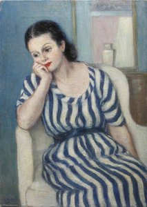 Seated Lady In A Blue And White Striped Dress — Georges Van Houten