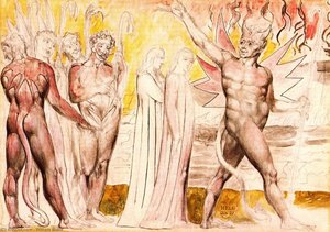 Dante E Virgilio Affrontano Il Cammino, Guidati Dai Diavoli — William Blake