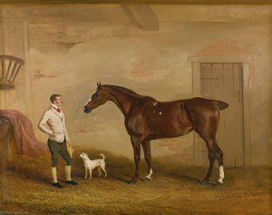 Portrait Of A Chestnut Hunter In A Stable, With A Groom And Terrier — John Ferneley, Snr