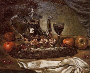 Le Théière Argentée Et Le Gâteau Sur Une Assiette — Giorgio De Chirico