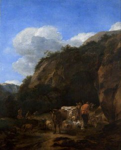 A Hilly Landscape With Herdsmen, Cattle And Sheep — Nicolaes Pietersz Berchem