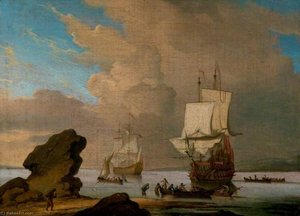 Seascape, Ships And Boats In A Calm Off A Rocky Shore — Willem Van De Velde
