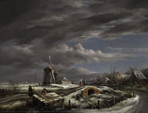 Ein Winterlandschaft Mit Figuren Auf Einem Pfad, Einer Fußbrücke Und Windmühlen Im Hintergrund — John Constable