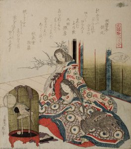 Dames Ved Kurven Med Fugl I Bur — Hokusai