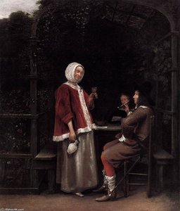 A Woman And Two Men In An Arbour — Pieter De Hooch