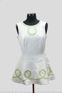 Tinling Tennis Dress With Looping Design In Green And Yellow Ribbon And White Lace Detail Worn By Judy Dalton — Ted Tinling