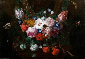 Flowers Beneath A Cartouche — Nicolaes Van Verendael