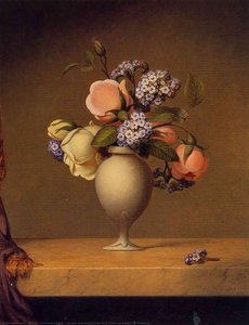 Roses And Heliotrope In A Vase On A Marble Tabletop — Martin Johnson Heade