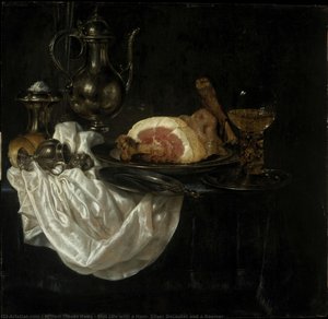 Still Life With A Ham, Silver Decanter And A Roemer — Willem Claesz Heda