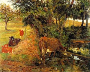 Krávy Poblíž Dieppe (také Známé Jako Krajina S Krávy V Sadu — Paul Gauguin