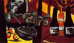 Still Life With Champagne Bottles And Orchids In Brown And Yellow — Max Beckmann