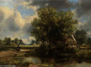 A Wooded Landscape With A Cottage By A Pond And A Figure And Sheep On A Path — Frederick Waters (william) Watts