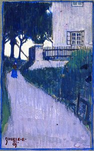 Paisaje Con Casa, Árboles Y Figura Femenina — Egon Schiele
