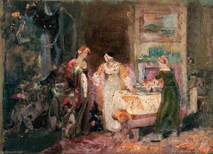 Interior With Women And Children At A Table — Jozefas Klaveris