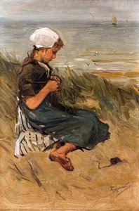 Girl Knitting In The Dunes — Bernardus Johannes (bernard) Blommers