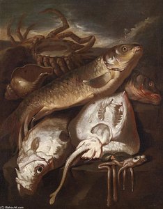Fischstillleben, Ol Auf Leinwand — Giacomo Francesco Cipper