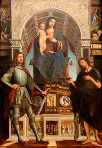 The Virgin And Child Enthroned Between A Soldier Saint And Saint John The Baptis — Lorenzo Costa (the Elder)
