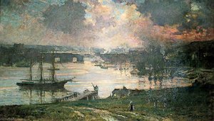Sunset And Smoke Over Rochester, Kent — Bertram Priestman