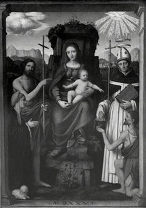 Virgin And Child Enthroned With Saint John The Baptist, Saint Antoninus, A Female Donor And A Beggar — Bernardino Luini
