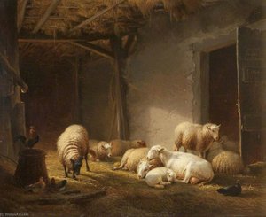 A Sunlit Barn With Ewes, Lambs And Chickens — Eugène Joseph Verboeckhoven