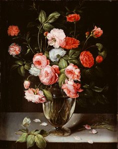 Roses And Carnations In A Glass Vase On A Stone Ledge — Ambrosius Brueghel