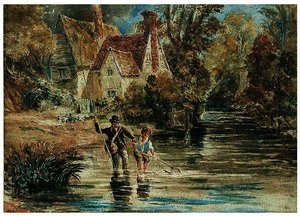 A Man And Child Fishing In A Stream By A Cottage — David Cox