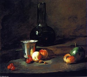 Carafe De Vin, Gobelet En Argent, Cinq Cerises, Deux Pêches, Un Abricot Et Une Pomme Verte — Jean-baptiste-siméon Chardin