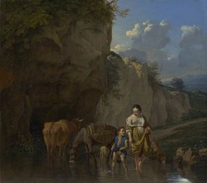A Woman And A Boy With Animals At A Ford — Karel Dujardin