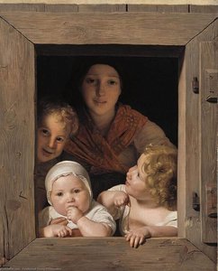 Young Peasant Woman With Three Children At The Window — Ferdinand Georg Waldmüller