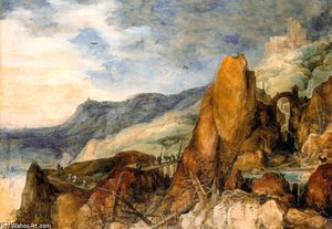 Berglandschaft Mit Geknickten Tannenstaemmen Im Strome — Joos De Momper