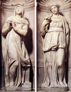 ラヘルとレエア」ミケランジェロ・ブオナローティによる彫刻は、ルネサンス美術の頂点を示す作品です。この彫刻はイエスの身体を抱く聖母マリアを表現しており、美しい女性と力強い女性が対峙しています。彫刻家ミケランジェロの技術と芸術的な深みは驚くべきものであり、彼の作品は時代を超えて人々を感動させます。」 — ミケランジェロ