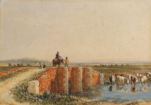 Gestalter Überqueren Eine Brücke, Rinder Trinken Wasser Unten — David Cox