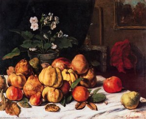 Natura Morta: Mele, Pere E Primule Su Un Tavolo — Gustave Courbet