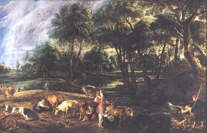 Landscape With Cows And Wildfowlers — Peter Paul Rubens