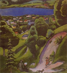 Tegernsee Landscape With Man Reading And Dog — August Macke