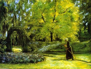 Il Letto Circolare Nel Giardino Di Siepe Con Una Donna Che Annaffia I Fiori — Max Liebermann