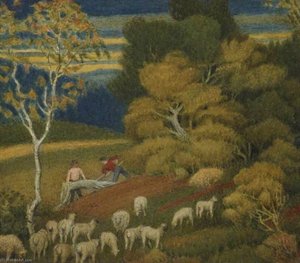 Landscape With Sheep And Woodmen — Joseph Edward Southall