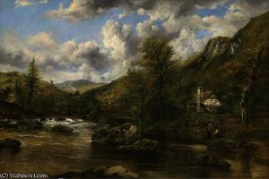 Anglers Beside A Cottage In A Wooded River Landcape — Frederick Waters (william) Watts