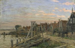 Study Of Wooden Houses On A Beach At Sunset — Sir George Clausen