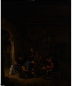 Peasants In An Inn Smoking And Drinking, A Little Girl Feeding A Dog To The Left
