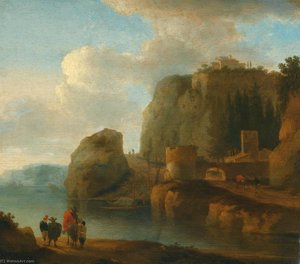 A Rocky River Landscape With Travellers In The Foreground And Ships Beyond — Jan Asselijn
