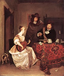 Una Joven Tocando Un Tiorba Para Dos Hombres — Gerard Ter Borch