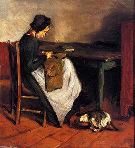 Girl Sewing With Cat - Dutch Interior — Max Liebermann