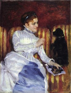 Woman On A Striped With A Dog (also Known As Young Woman On A Striped Sofa With Her Dog) — Mary Stevenson Cassatt