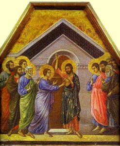 Maestó (rückseite, Kronenpaneel), Zweifelndes St. Thomas — Duccio Di Buoninsegna