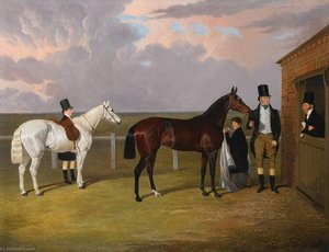 Sir Mark Wood With His Dark Brown Filly Vespa, Winner Of The Oaks In 1833, Her Trainer H Scott And A Groom With A Grey Hack — John Frederick Herring Senior